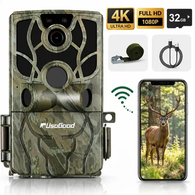 Zdjęcie produktu dla Kamera do obserwacji przyrody 4K, 48 megapikseli, z możliwością przesyłania danych przez aplikację na telefon, Wi-Fi, Bluetooth, czujnik ruchu, tryb nocnej obserwacji, szerokokątny obiektyw 120°, zasilana 8 bateriami AA