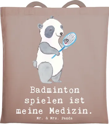 Produktbild von Mr. & Mrs. Panda Tote Bag Panda Badminton  - Braun Pastell - Geschenk, Tasche, Jutebeutel, Einkaufstüte, Shopping, Uni, Beutel, spielen