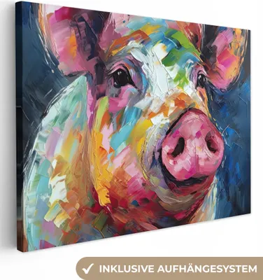 Produktbild von MuchoWow® - Leinwandbilder - Schwein - Ölfarbe - Tiere - Kunst, Wandbild, Wanddeko Bilder Wohnzimmer, 40x30 cm