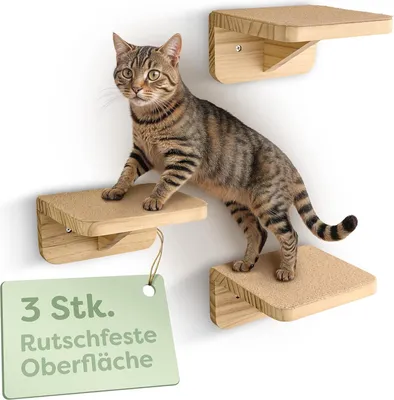Produktbild von Knupis Kletterwand Katzen Set in Beige- 3er Katzentreppe Wand aus  Kiefernholz
