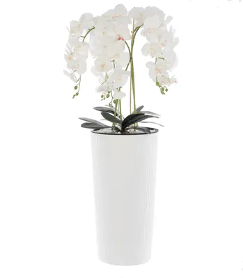 Image de Orchidée artificielle bouquet blanc dans pot de fleurs H 107,5 cm pot rainures blanches