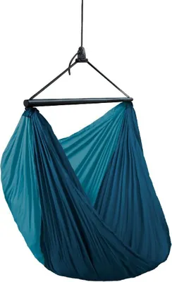A hanging chair made of fabric, suspended from a frame.