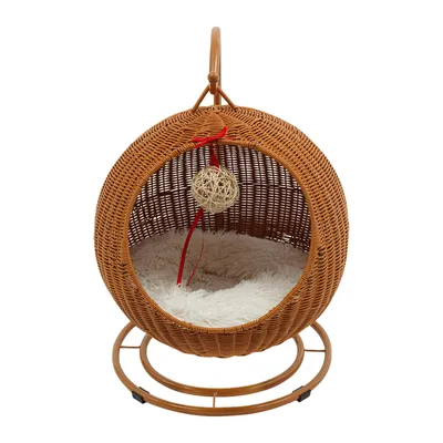 Productafbeelding van Handgeweven kattenmand, kattenbed voor katten tot 7,5 kg, geelbruin, kattenhangstoel, kattenspeelgoed