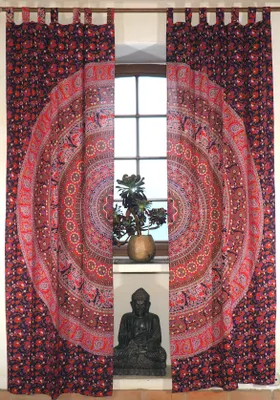 Produktbild von Boho Vorhänge, Gardine (1 Paar ) mit Schlaufen, Handbedruckter Ethno Style Vorhang, Mandala Motiv - Lila/rot, Baumwolle, 230*100*0,2 cm, Dekovorhänge