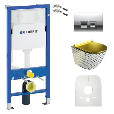 Produktbild von DOMINO Geberit Duofix Basic Vorwandelement + Wand-WC Tiefspül Sofi Slim Becken Checked Gold Spülrandlos + Bedienplatte Delta 25 für Doppelspülung |Set