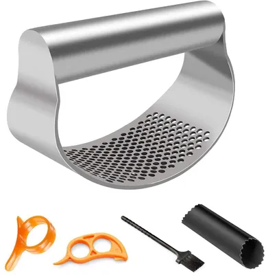 Knoblauchpresse aus Edelstahl mit Schäler, Bürste & Orangenschäler
