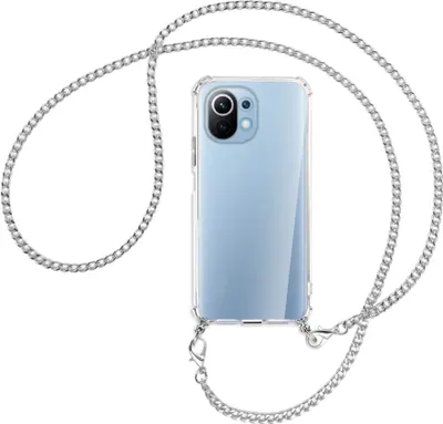 Produktbild von Handykette Backcover-Schutzhülle mit Band (Metall silberfarben) für Xiaomi Mi 11 Lite / Mi 11 Lite 5G - silberfarbene Kette