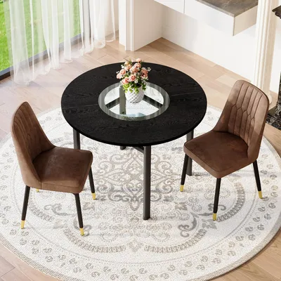 Produktbild von MODFU Esszimmerstuhl Set,Küchenstuhl mit 2 Stühle und Esstisch Schwarz,Runder Tisch mit 100 cm,Sessel mit schwarzen Metallbeinen