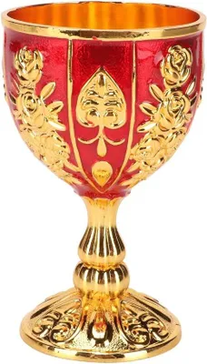 Produktbild von Goldener Kelch, antiker goldener Becher mit eingravierten Blumen – mittelalterliches Weinglas für Festlichkeiten und Bankette (Gold, Rot)