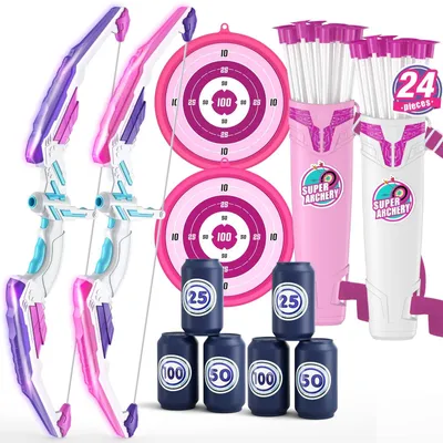 Immagine prodotto di Elzusha - Set di tiro con l'arco per bambini, completo di 2 archi, frecce con ventosa e bersaglio appendibile