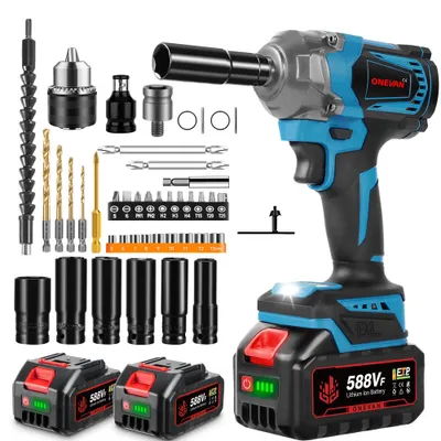 A collection of power tools and accessories, including an impact wrench, batteries, sockets, and drill bits, arranged on a white background.
