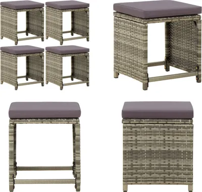 Immagine prodotto di vidaXL Sgabello da giardino 4 pezzi con cuscino in Poly Rattan grigio - Sgabello - Sgabello da giardino - Sgabello da esterno - Sgabello da patio