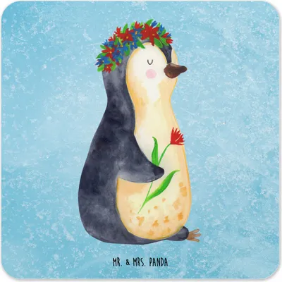 Produktbild von Mr. & Mrs. Panda Tischuntersetzer Pinguin Blumen 15er Set - Eisblau - Geschenk, Coaster, Leben, Wunderschön, Glas-Untersetzer, Blumenkranz, Motivation, Blumenliebe