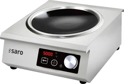 A silver induction hob with a black cooking surface, displaying a digital temperature reading.