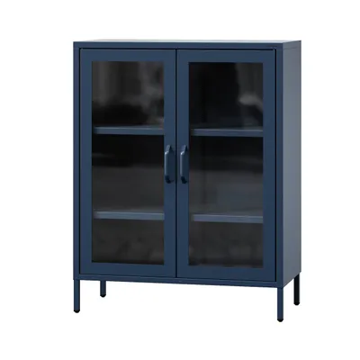 A dark blue metal display cabinet with glass doors and two adjustable shelves, shown against a white background.