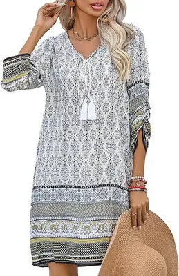 Produktbild von ASKSA Damen Bohemian Tunika Kleid Strandkleid Sommerkleider Vintage Strandkleider 3/4-Arm Rundhals Kleid Blumenmuster Tunikakleider (Weiss,XXL)