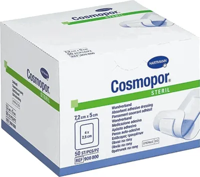 A box of Hartmann Cosmopor Steril absorbent adhesive dressings.
