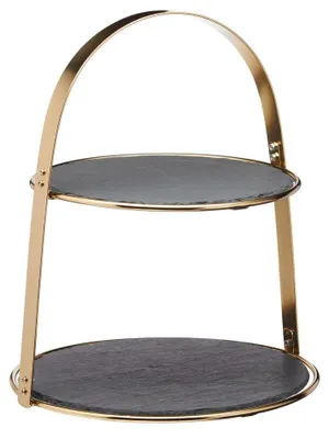Produktbild von Artesa Serviergestell de 2 Etagen Serviertabletts, mit 2 runden Serviertabletts de Schiefer, 29,5 x 29,5 x 35 cm, 11,5 x 11,5 x 11,5 x 14 in, Messingausführung