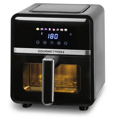 A black GOURMETmaxx air fryer is shown against a white background. The air fryer has a digital display showing '180' and various icons, along with the brand name.