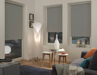 A living room scene with three roller blinds covering windows, a floor lamp, a sofa, and side tables.