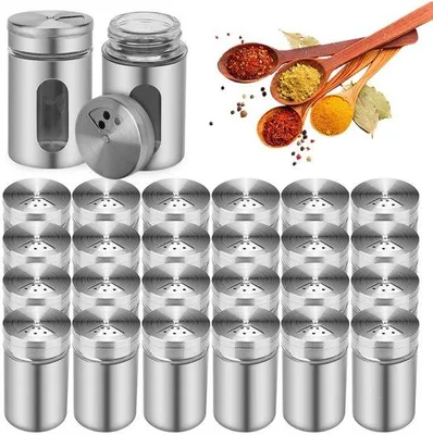 Image de Boîtes à herbes aromatiques - Lot de 24 - Ronde avec couvercle en acier inoxydable - avec bouchon doseur - Saupoudreuse à herbes - Argent - Saupoudreuse à herbes - avec fenêtre en verre - Boîtes de conservation - avec bouchon doseur réglable - Lot de boîtes à herbes