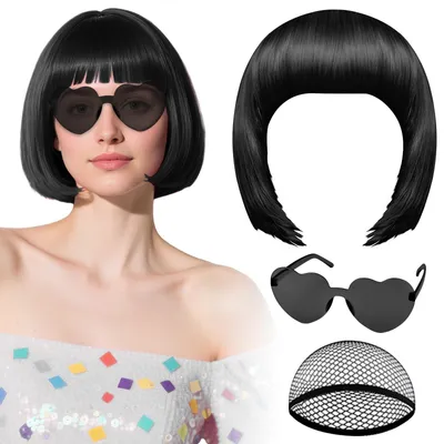 Produktbild von Schwarze Perücke mit herzförmiger Sonnenbrille und Haarnetz
