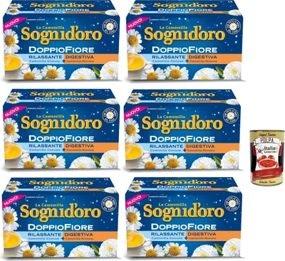 Produktbild von Sogni d'oro Camomilla, Doppio fiore, Doppelte entspannende Blume und Verdauung 14 Filter, Goldfarbe, 6x 25,2 g + Italian Gourmet polpa 400g