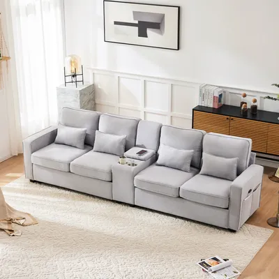 Produktbild von okwish Ecksofa Schlafsofa mit 4 Kissen, Seitentaschen, Hochelastischer Schwamm, Grau