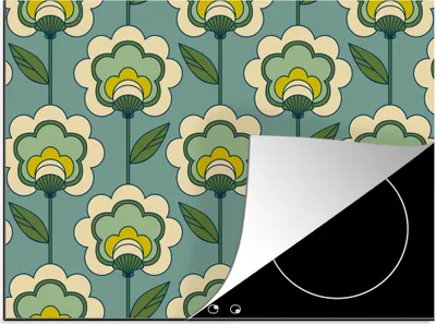 Produktbild von KitchenYeah© Herdabdeckplatte Retro - Design - 1970er Jahre - Blume , 59x52cm, Küche Deko, Glaskeramikkochfeld Herdabdeckung, Abdeckplatte fùr Kochfeld