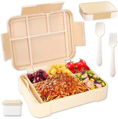 Image de Boîte à déjeuner robuste pour enfants Ibzoa®, 1330 ml – 5 compartiments avec un compartiment pour les couverts et un récipient pour les sauces, sans BPA, étanche (joint en silicone), adaptée au micro-ondes, dimensions : 22,7 x 16,7 x 4,7 cm