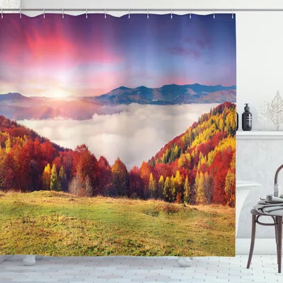 Produktbild von ABAKUHAUS Natur Duschvorhang, Herbst Morgen Berg, Set inkl.12 Haken aus Stoff Wasserdicht Bakterie und Schimmel Abweichent, 175 x 180 cm, Multicolor