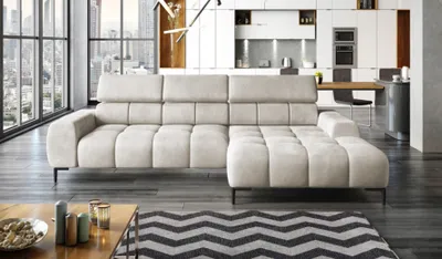 Zdjęcie produktu dla Narożnik w kształcie litery L Narożnik prawy Narożnik z funkcją spania Sofa z funkcją spania Mała 3-osobowa Regulowane zagłówki i siedzisko Tkanina: SALVADOR | 177x270x99 cm | Beżowo-kremowa