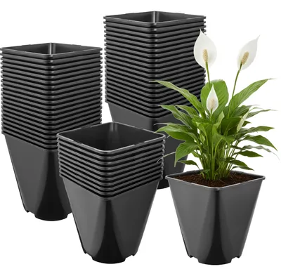 Produktbild von Garronda 50 Stück Kunststoff eckig abgerundet mit Drainagelöchern für Garten (Schwarz, 18 x 18 x 20 cm (5L)) GD-KW-SR
