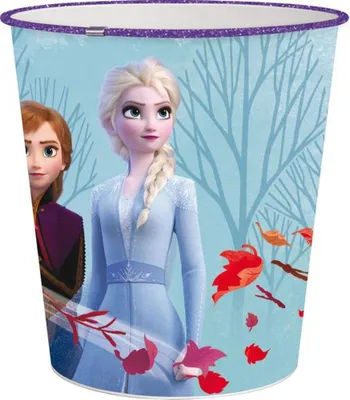 A product image featuring characters from the movie Frozen on a trash can.