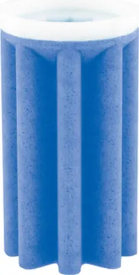 A close-up studio shot of a blue cylindrical object with vertical ridges and a white top.