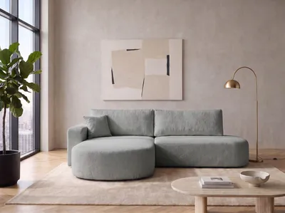 Produktbild von Ecksofa mit Schlaffunktion & Bettkasten OVO, Grau Bouclé-Stoff, Ottomane Links
