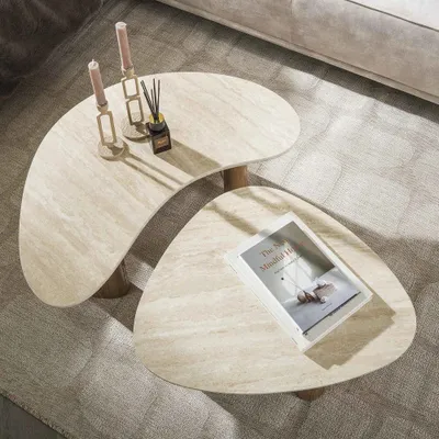 Produktbild von LEVEN Lifestyle Couchtisch WASI SABI 2´er Set organische Form Tischplatte aus hochwertiger Keramik in Travertin  Optik