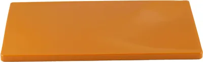 A rectangular orange cutting board is shown from a slightly elevated side angle against a white background.