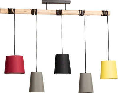 Produktbild von Lindby Hängelampe Amilia, Stoff, 5-flg., rot/grau/gelb, E27