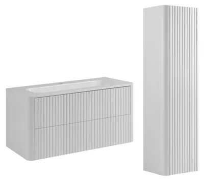 Produktbild von Badmöbel-Set Schrank 100 mit Waschbecken und Hochschrank, Weiß, 100,30 x 48,4 x 43,7 cm