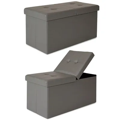 Two views of a gray storage ottoman, one closed and one with the lid partially open.