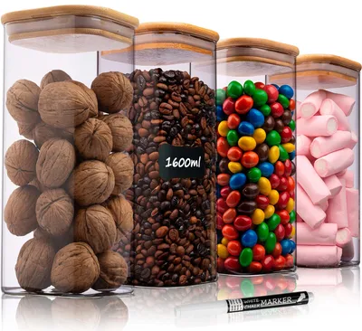 Obrázek produktu pro Sada 4ks - Deco Haus Znovupoužitelný skleněný dózy s bambusovým víkem - vzduchotěsné, vhodné do myčky a mikrovlnné trouby - Čtverec, 20x10 cm