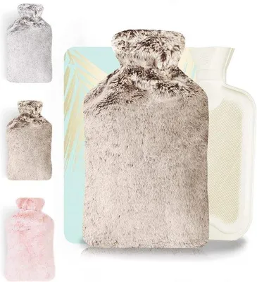 Produktbild von Famanu Warmwasserflasche 2L mit Plüsch- und Strickbezug – Schmerzlinderung für Rücken und Nacken – Braun