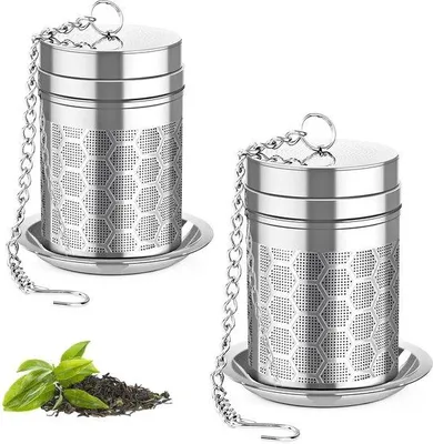 Produktbild von Ibenzoa® Edelstahl-Teesieb-Set (2x) – feinmaschige 0,5 mm Filter, Schraubdeckel, Kette & Abtropfschalen, Edelstahl 304 für losen Tee & Kräuter