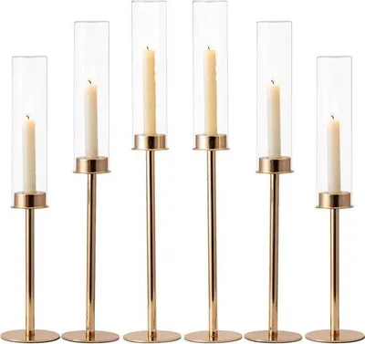 Produktbild von Unyqoos® Kerzenhalter-Set 6x gold mit mundgeblasenem Glas & Metall, 3 Höhen 50/55/60 cm, Ø Kerzenöffnung 2,2 cm, ohne Fuß, für konische Kerzen, Tischdeko