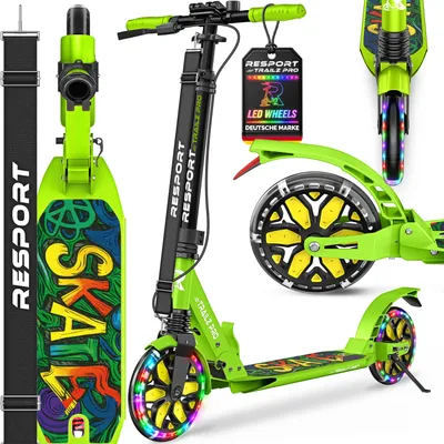 Produktbild von RE:SPORT® Cityroller für Kinder & Erwachsene mit LED, Klingel & Tragegurt | Kickscooter Tretroller inkl. Handbremse & Doppelfederung | Scooter höhenverstellbar & klappbar