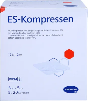 Zdjęcie produktu dla Kompresy ES sterylne 5x5cm opakowanie zbiorcze 12x, 100 kompresów
