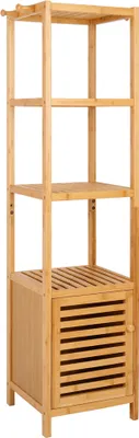 Image de WISFOR Armoire de salle de bain Armoire haute Étagère de salle de bain avec 4 étagères, Étagère sur pied avec porte d'armoire, Meuble de salle de bain en bambou, Étagère pour fleurs, 33,8 x 33 x 140 cm