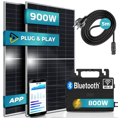 Produktbild von SUNNIVA® 900W Balkonkraftwerk komplett Steckdose - ASTRO-ENERGY 800W Wechselrichter - PV Solaranlage, 2x 450W Solarmodule, 5m Kabel - Bluetooth WIFI