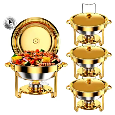 Produktbild von Rundes Buffetset mit Chafing Dish 5L, 4-teiliges Edelstahl Warmhaltebehälter Set in Gold-Silber für Catering, Feiern und Hochzeiten